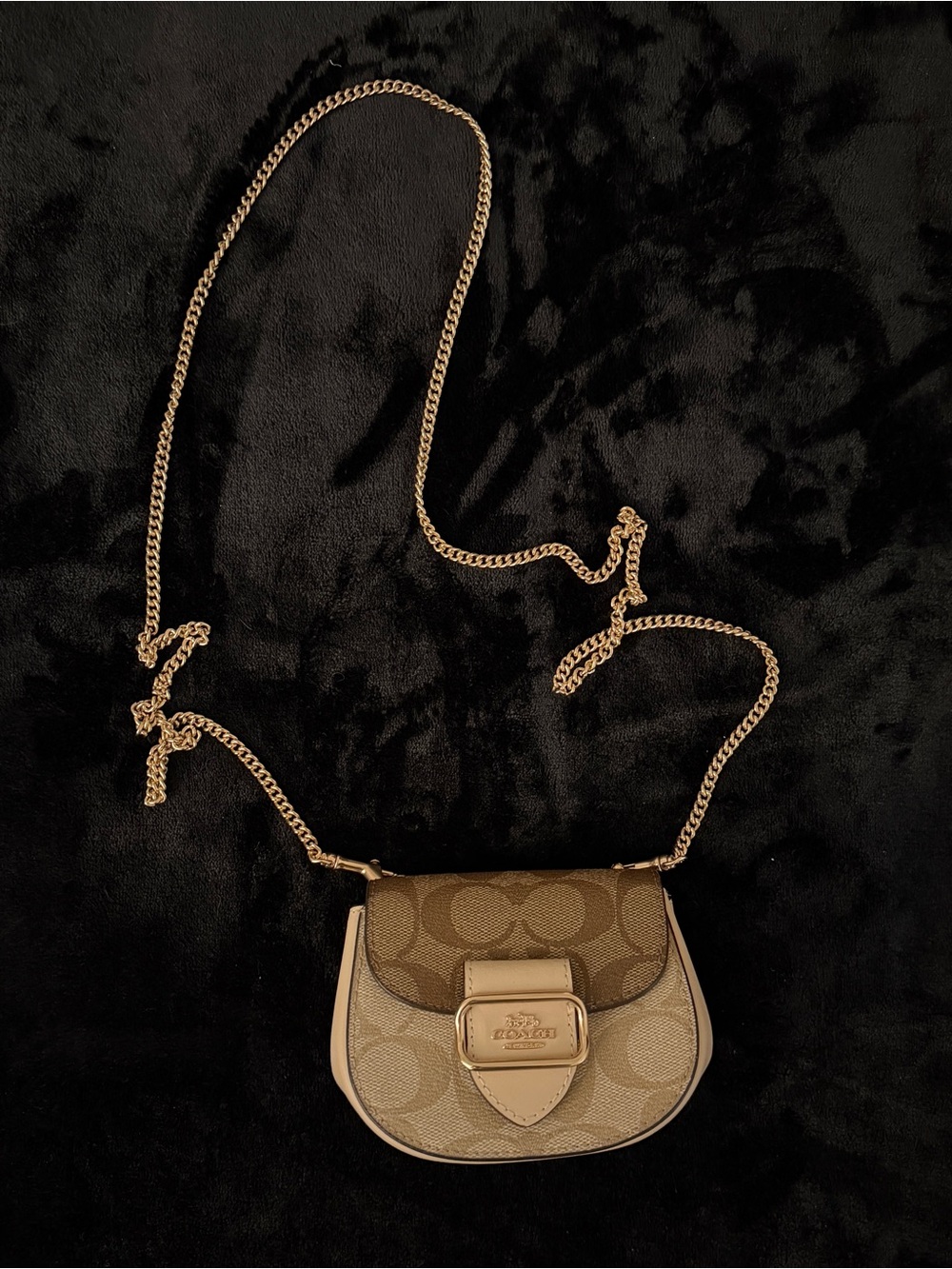 Coach Khaki & Chalk Signature Small Saddle Crossbody with Gold Chain Strap
